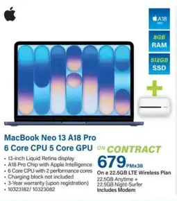 Incredible Connection Apple MacBook Neo 13 A18 Pro 6 Core CPU 5 Core GPU offer