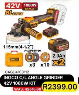 Legacy Industrial Supplies Ingco cordless angle grinder 42v 1080w kit offer