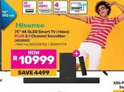 Game Hisense 75 4K QLED Smart TV (75Q6Q) PLUS 2.1 Channel Soundbar (HS1800) offer
