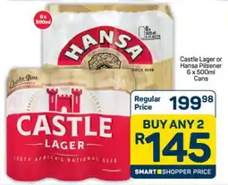 Pick n Pay Castle Lager or Hansa Pilsener 6 x 500ml Cans offer