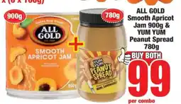 Boxer ALL GOLD Smooth Apricot Jam 900g & YUM YUM Peanut Spread 780g offer