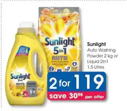 Clicks Sunlight Auto Washing Powder 2 kg or Liquid 2in1 1.5 Litres offer