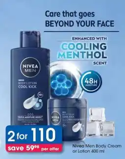 Clicks Nivea Men Body Cream or Lotion 400 ml offer