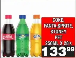 Advance Cash n Carry COKE, FANTA, SPRITE, STONEY PET 250ML X 28's offer
