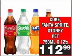 Advance Cash n Carry Coke, Fanta, Sprite, Stoney PET 750ml x 12's offer