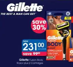 Clicks Gillette Fusion Body Razor plus 2 Cartridges offer