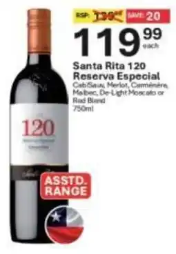 Liquor City Santa Rita 120 Reserva Especial Cab/ Sauv, Merlot, Carmenère, Malbec, De Light Moscato or Red Blend offer