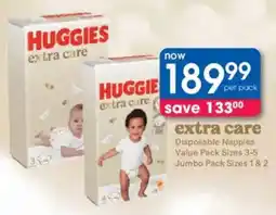 Clicks Huggies Extra Care Disposable Nappies Value Pack or Jumbo Pack offer