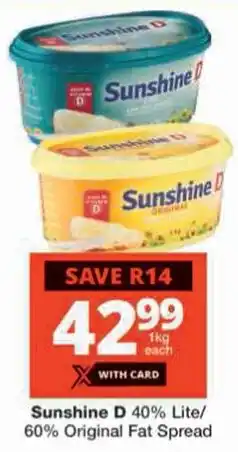 Checkers Sunshine D 40% Lite/ 60% Original Fat Spread offer