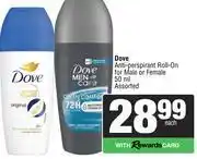 Spar Dove Anti-Perspirant Roll-On For Male Or Female Assorted-50ml Each offer