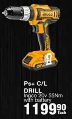 Build It Ingco Ps+ C/L Drill 20v 55Nm with battery offer