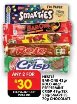 Shoprite Nestlé bar-one/ rolo/ peppermint crisp/ tex/ smarties chocolate offer