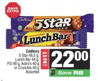 Cadbury 5 Star 48.5 g, Lunch Bar 44 g, P.S 48 g, Astro's 40 g or Crunchie 40 g Assorted