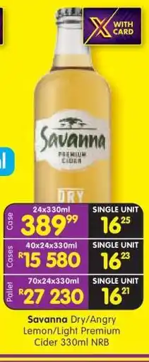 Shoprite Savanna Dry/Angry Lemon/Light Premium Cider 330ml NRB offer