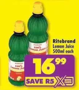 Shoprite Ritebrand Lemon Juice 500ml each offer