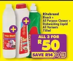 Shoprite Ritebrand Bleach + All Purpose Cleaner + Dishwashing Liquid offer