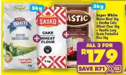 Shoprite Super White Maize Meal 5kg + Sasko Cake Wheat Flour 5kg + Tastic Long Grain Parboiled Rice 5kg offer