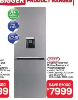 Pick n Pay Hypermarket DEFY Metallic Fridge with Bottom Freezer and Water Dispenser offer