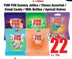 Boxer YUM FUN Gummy Jellies / Chews Assorted / Emoji Candy / Milk Bottles / Apricot Halves offer