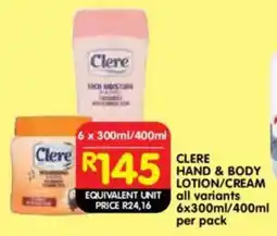 Shoprite Clere hand & body lotion/ cream offer