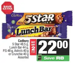 SuperSpar Cadbury 5 Star, Lunch Bar, P.S, Astro's or Crunchie Assorted offer