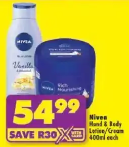 Shoprite Nivea Hand & Body Lotion/ Cream offer