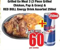 Boxer Grilled Go Meal 3 (3 Piece Grilled Chicken, Pap & Gravy) & RED BULL Energy Drink Assorted 250ml offer
