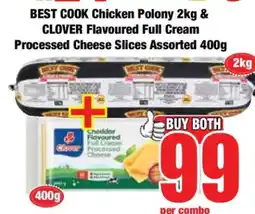 Boxer BEST COOK Chicken Polony 2kg & CLOVER Flavoured Full Cream Processed Cheese Slices Assorted 400g offer