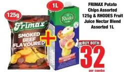 Boxer FRIMAX Potato Chips Assorted 125g & RHODES Fruit Juice Nectar Blend Assorted 1L offer