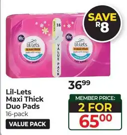 Dis-Chem Lil-Lets Maxi Thick Duo Pads offer