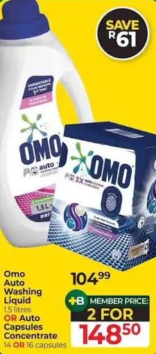 Dis-Chem Omo Auto Washing Liquid or Auto Capsules Concentrate offer