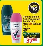 Dis-Chem Rexona Shield Anti-Perspirant Roll-On For Men Or Women-For 2 x 50ml offer