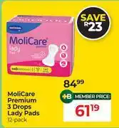 Dis-Chem Molicare Premium 3 Drops Lady Pads 12 Pack offer