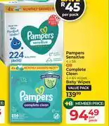 Dis-Chem Pampers Sensitive 4 x 56 Or Complete Clean 4 x 64 Wipes Baby Wipes-Per Pack offer