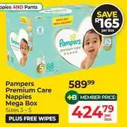 Dis-Chem Pampers Premium care Nappies Mega Box Sizes 3-5 Plus Free Wipes-Per Box offer