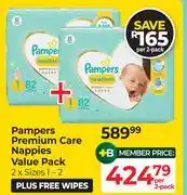 Dis-Chem Pampers Premium Care Nappies Value Pack 2 x Sizes 1-2 Plus Free Wipes-Per 2 Pack offer