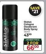 Dis-Chem Status Cologne Deodorant Body Spray-For 2 x 130ml offer