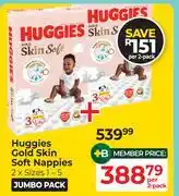 Dis-Chem Huggies Gold Skin Soft Nappies 2 x Sizes 1-5 Jumbo Pack-Per 2 Pack offer