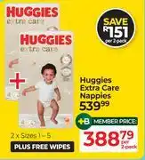 Dis-Chem Huggies Extra care Nappies 2 x Sizes 1-5 Plus Free Wipes-Per 2 Pack offer