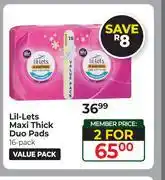 Dis-Chem Lil-Lets Maxi Thick Duo Pads 16 Pack Value Pack-For 2 offer