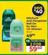Dis-Chem Mitchum Anti-Perspirant Roll-On For Men Or Women-FOr 2 x 50ml offer