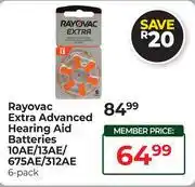 Dis-Chem Rayovac Extra Advanced Hearing Aid Batteries 10AE/13AE/675AR/312AE-6 Pack offer