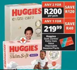 Checkers Huggies Gold Jumbo/ Extra Care Value Disposable Nappies/ Pants offer