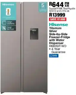 OK Furniture Hisense Titanium Silver Side-by-Side Freezer-Fridge with Water Dispenser offer
