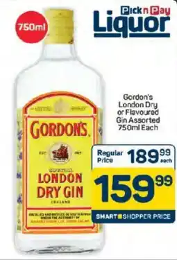 Pick n Pay Hypermarket Gordon's London Dry or Flavoured Gin Assorted offer