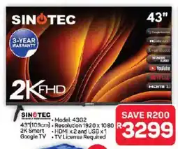 Pick n Pay Hypermarket Sinotec 43" 109cm 2K Smart Google TV offer