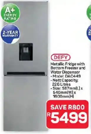 Pick n Pay Hypermarket Defy Metallic Fridge with Bottom Freezer and Water Dispenser offer