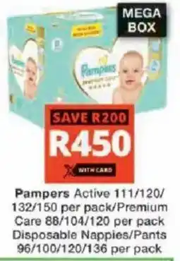 Checkers Hyper Pampers Active/ Premium Care Disposable Nappies/ Pants offer