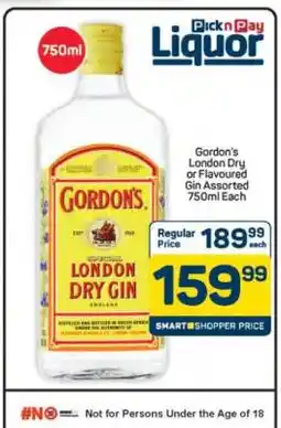 Pick n Pay Hypermarket Gordon's London Dry or Flavoured Gin Assorted 750ml offer