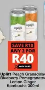 Checkers Uplift Peach Granadilla/ Blueberry Pomegranate/ Lemon Ginger Kombucha offer